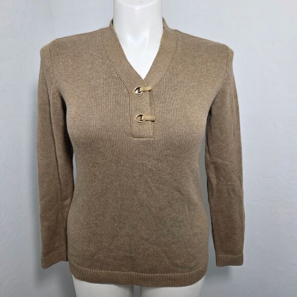 Karen Scott Cotton Hardware Henley Sweater color tan sz S - Picture 1 of 10